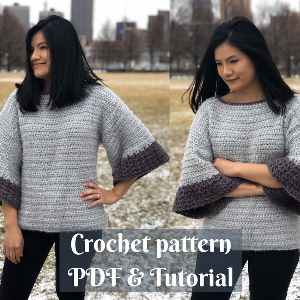 Pullover sweater crochet pattern with bell sleeves Us women's size XS - XL (Video tutorial link included)