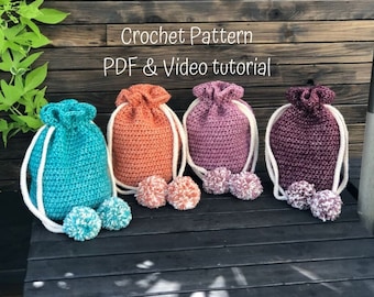 Crochet bag pattern, crochet drawstring pom pom bag pattern, backpack, bag pattern, crochet