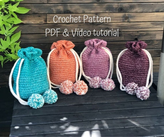 Crochet Bag Pattern, Crochet Drawstring Pom Pom Bag Pattern