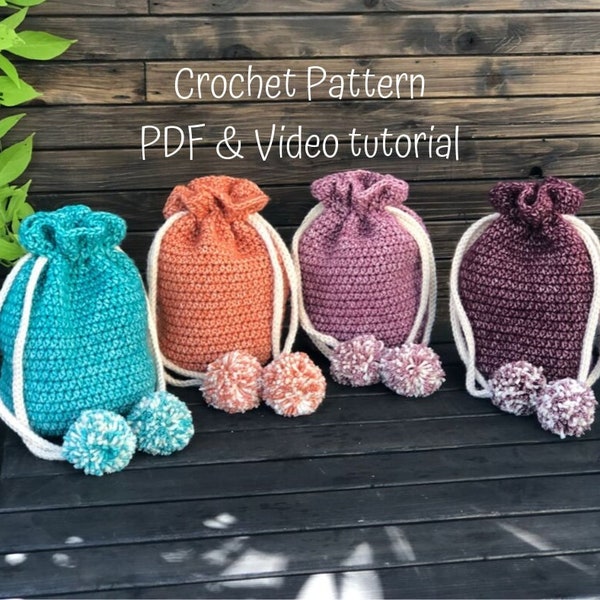 Crochet bag pattern, crochet drawstring pom pom bag pattern, backpack, bag pattern, crochet