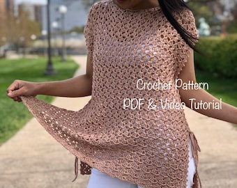 Crochet pattern : crochet poncho summer top pattern. PDF file, photo tutorial and video tutorial sizes XS-XXL, crochet summer top pattern