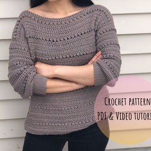 Crochet sweater pattern : Us women's XS - XXL  PDF file/Photo and video tutorial, crochet scoop neck sweater, crochet pattern,