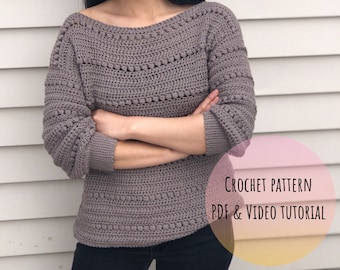 Crochet sweater pattern : Us women's XS - XXL  PDF file/Photo and video tutorial, crochet scoop neck sweater, crochet pattern,