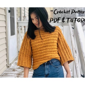 Crochet sweater pattern 3/4 sleeves sweater: PDF file and Video tutorial ( Size us women's XS - XL )