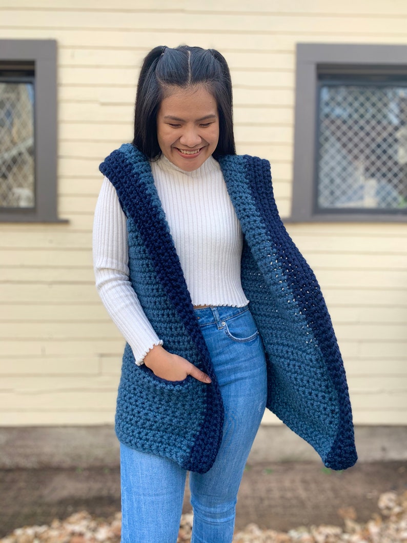 Modello per gilet all'uncinetto con cappuccio, filato spesso, taglie XS-XXL (download PDF) immagine 6