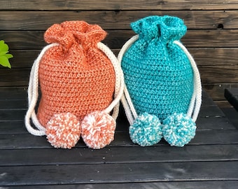 Crochet Drawstring Pom Pom Bag Pattern, Beginner Friendly Backpack, Easy Project