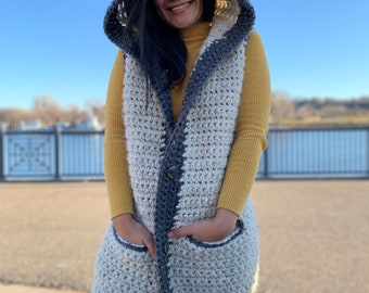 Crochet Sweater Vest Pattern | Hooded Vest, Bulky Yarn, Sizes XS-XXL (PDF Download)