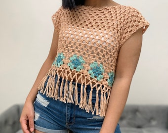 Boho crop top crochet pattern, optional boho style fringe PDF Printable pattern and Video Turotial