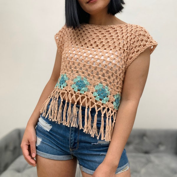 Boho crop top crochet pattern, optional boho style fringe PDF Printable pattern and Video Turotial