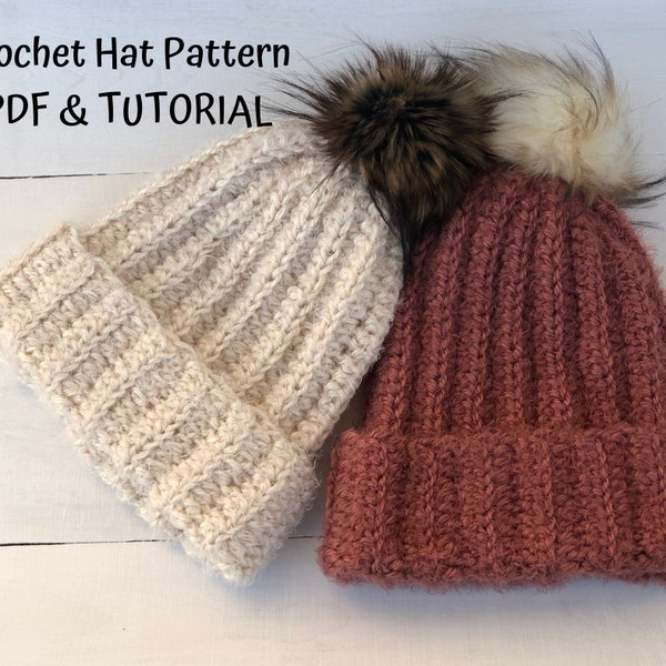 Modèle PDF de chapeau d'hiver au crochet (tutoriel vidéo inclus) bonnet avec pompon