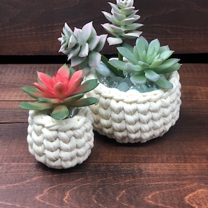 May include: Two white crocheted plant pots with three artificial succulents. The larger pot has white decorative stones inside. The smaller pot has a red succulent.