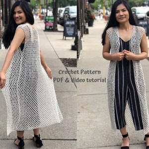 Crochet pattern: crochet summer long vest pattern pdf file and video tutorial sizes us women's XS-XXL, crochet vest, crochet summer vest image 1