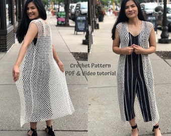 Crochet pattern: crochet summer long vest pattern pdf file and video tutorial sizes us women's XS-XXL, crochet vest, crochet summer vest