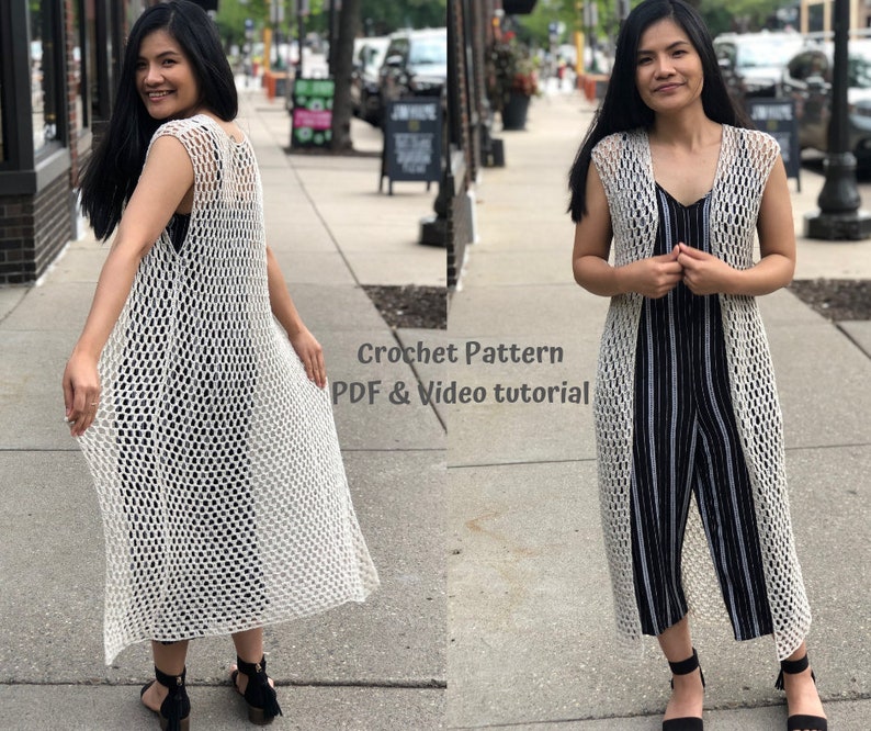 Crochet pattern: crochet summer long vest pattern pdf file and video tutorial sizes us women's XS-XXL, crochet vest, crochet summer vest image 1