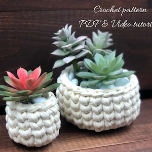 crochet flower pots pattern: PDF file and video tutorial includes two sizes, basic and mini. crochet pattern, crochet flower pot, crochet image 1