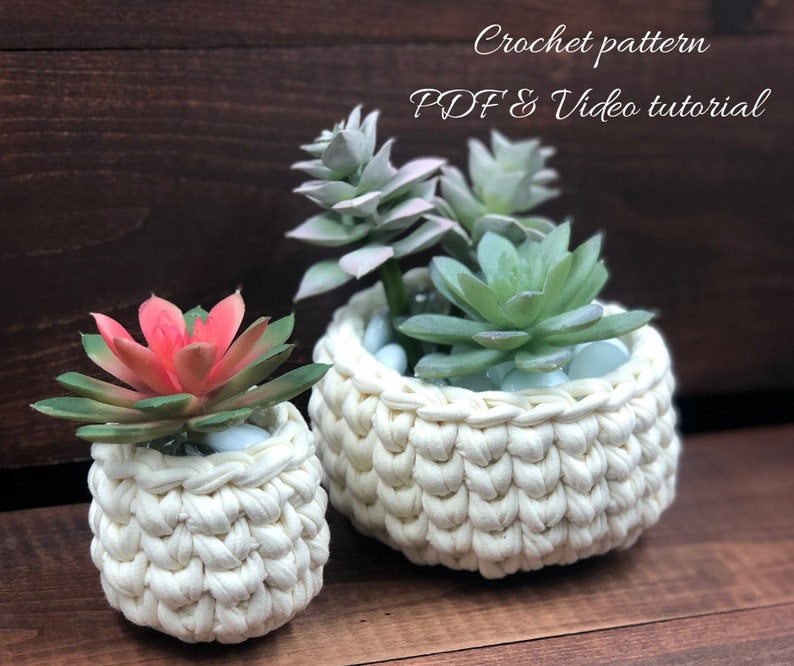 crochet flower pots pattern: PDF file and video tutorial includes two sizes, basic and mini. crochet pattern, crochet flower pot, crochet image 1