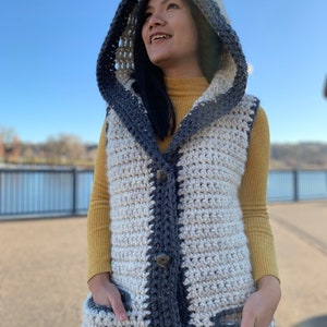 Modello per gilet all'uncinetto con cappuccio, filato spesso, taglie XS-XXL (download PDF) immagine 9
