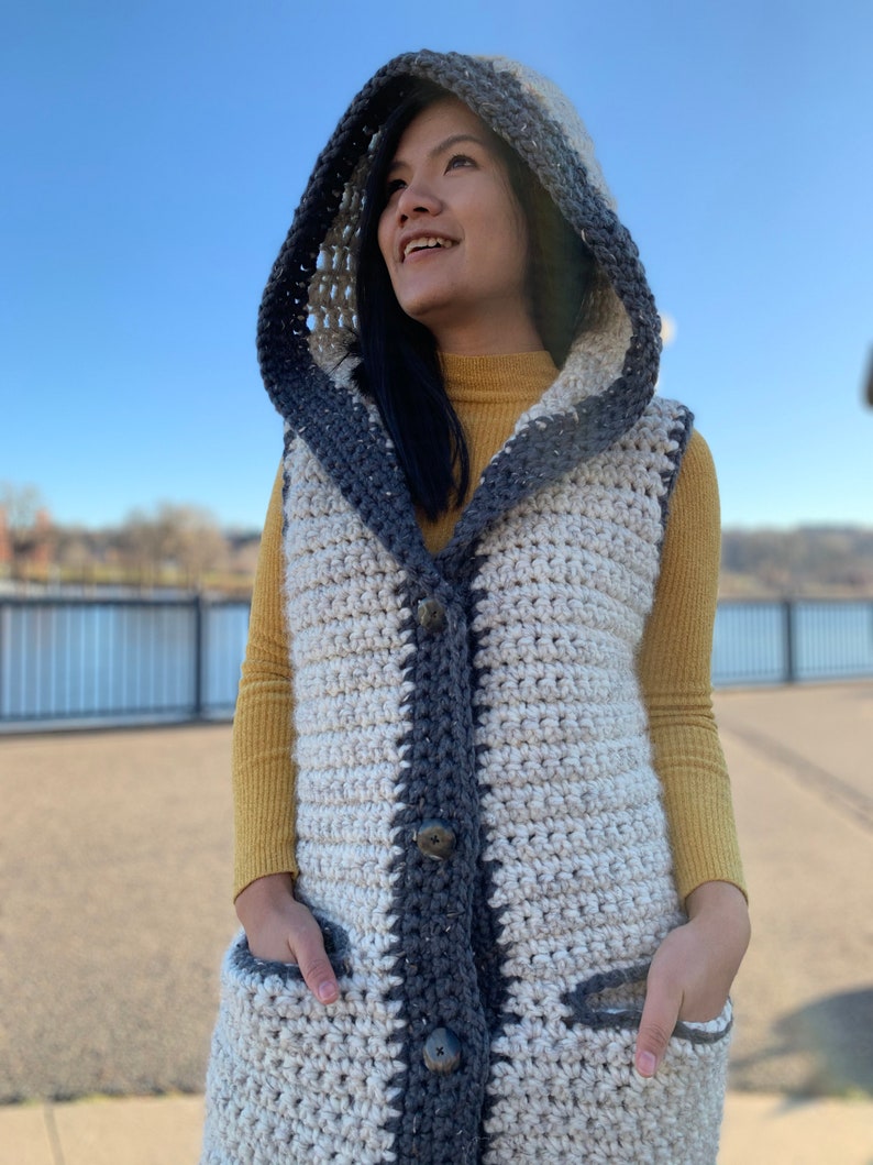 Modello per gilet all'uncinetto con cappuccio, filato spesso, taglie XS-XXL (download PDF) immagine 9