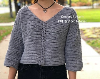 Cropped Crochet Pull Over Sweater Pattern PDF with follow along Video Tutorial