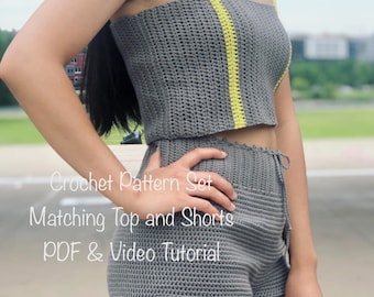 Shorts & Top Crochet matching outfit pattern PDF file set, photo tutorial and video tutorial XS-XXL, crochet top and shots pattern