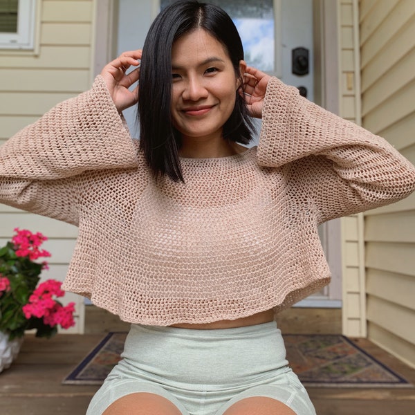 Eenvoudig gehaakt truipatroon voor de herfst. Afdrukbare pdf- en videotutorial Damesmaten XS-XXL, patroon kort gehaakt truitopje