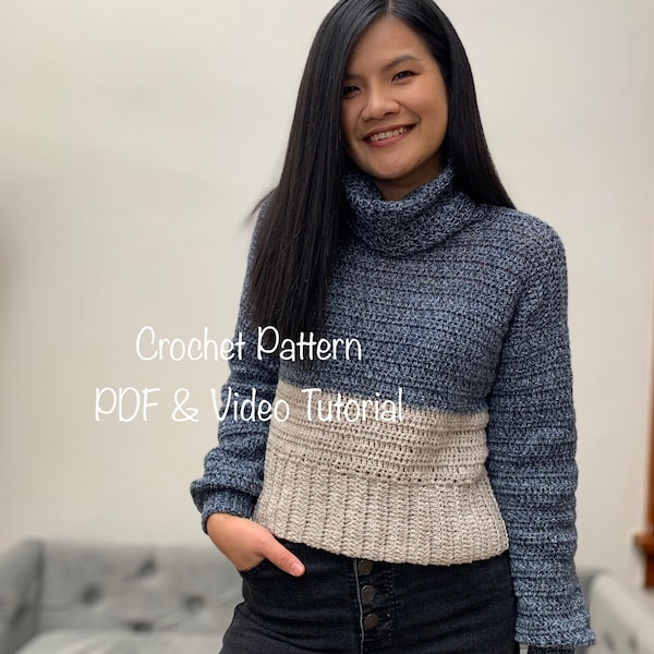 Patrón de suéter de cuello alto a crochet / Descarga digital en PDF y video tutorial, incluye tallas de mujer XS-XXL. Patrón de suéter de ganchillo