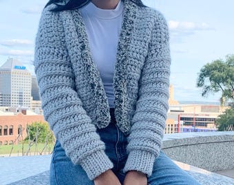 Crochet Cropped Cardigan Pattern – Faux Fur Collar, Women's XS-XXL (PDF Pattern)