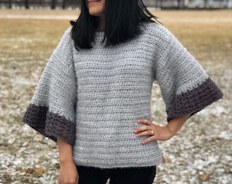 Patrón de jersey de ganchillo con mangas acampanadas, ideal para principiantes (incluye videotutorial).