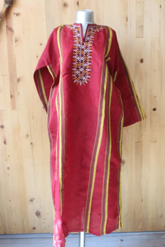 Ethnic Red Dress, Raw Silk Boho Dress, Vintage Sil