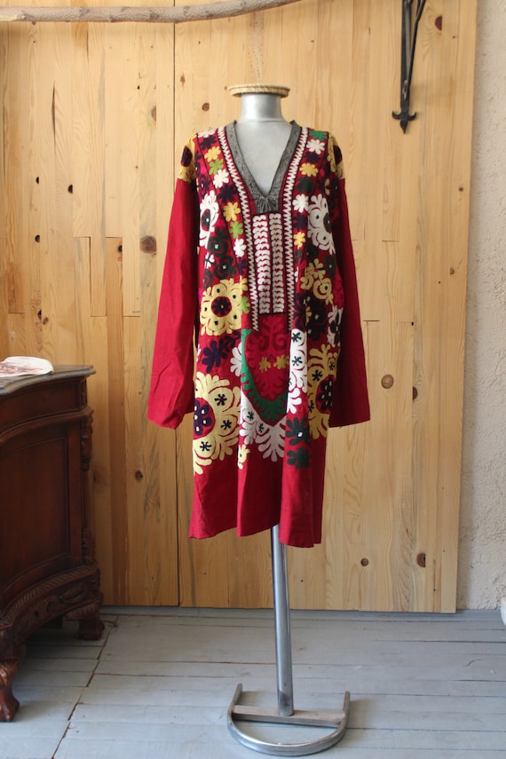 Ethnic Red Dress, Raw Silk Boho Dress, Vintage Sil