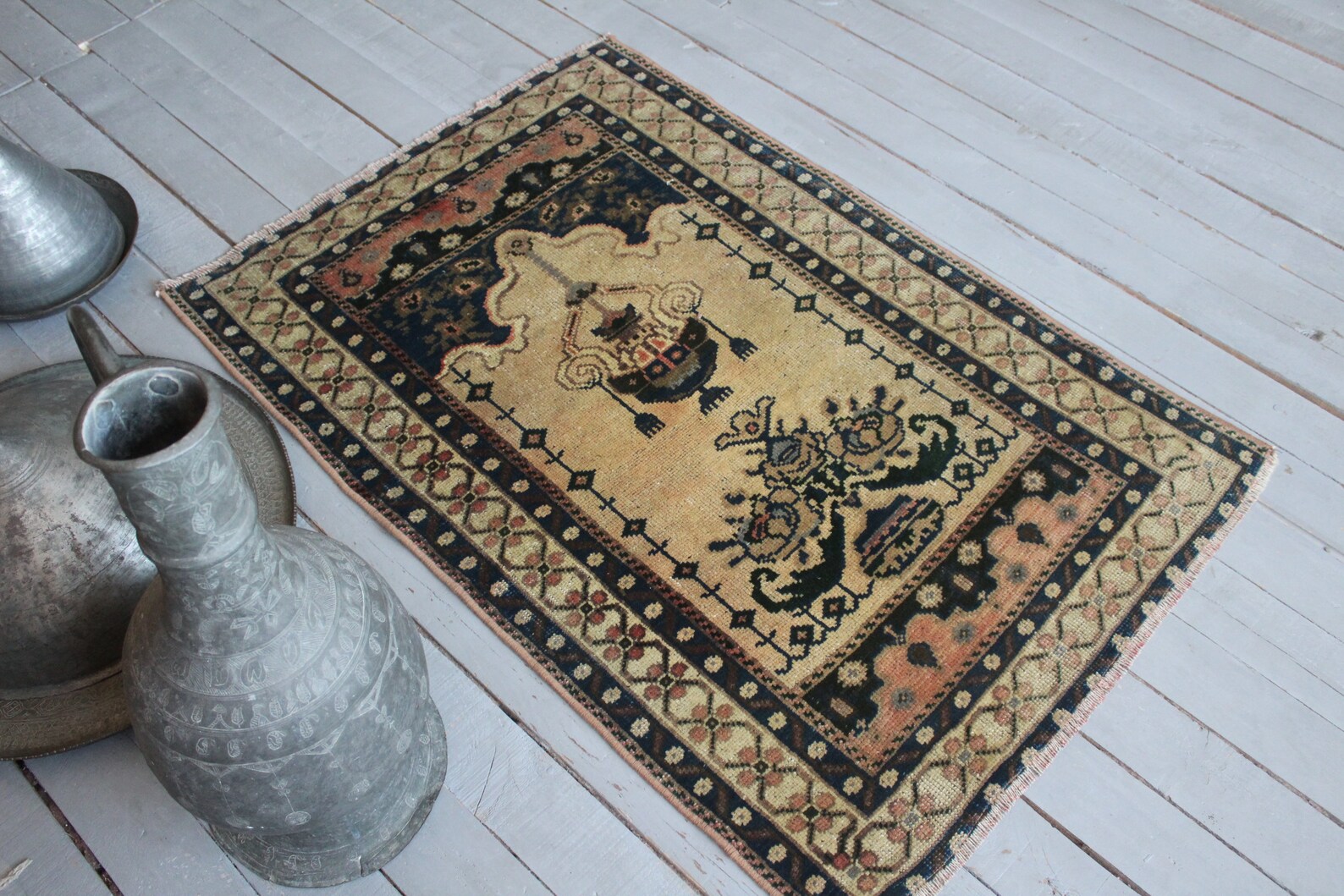 2'5x3'7 Ft Small Vintage Rug ,vintage Beigeblue Rug,vintage Oushak Rug