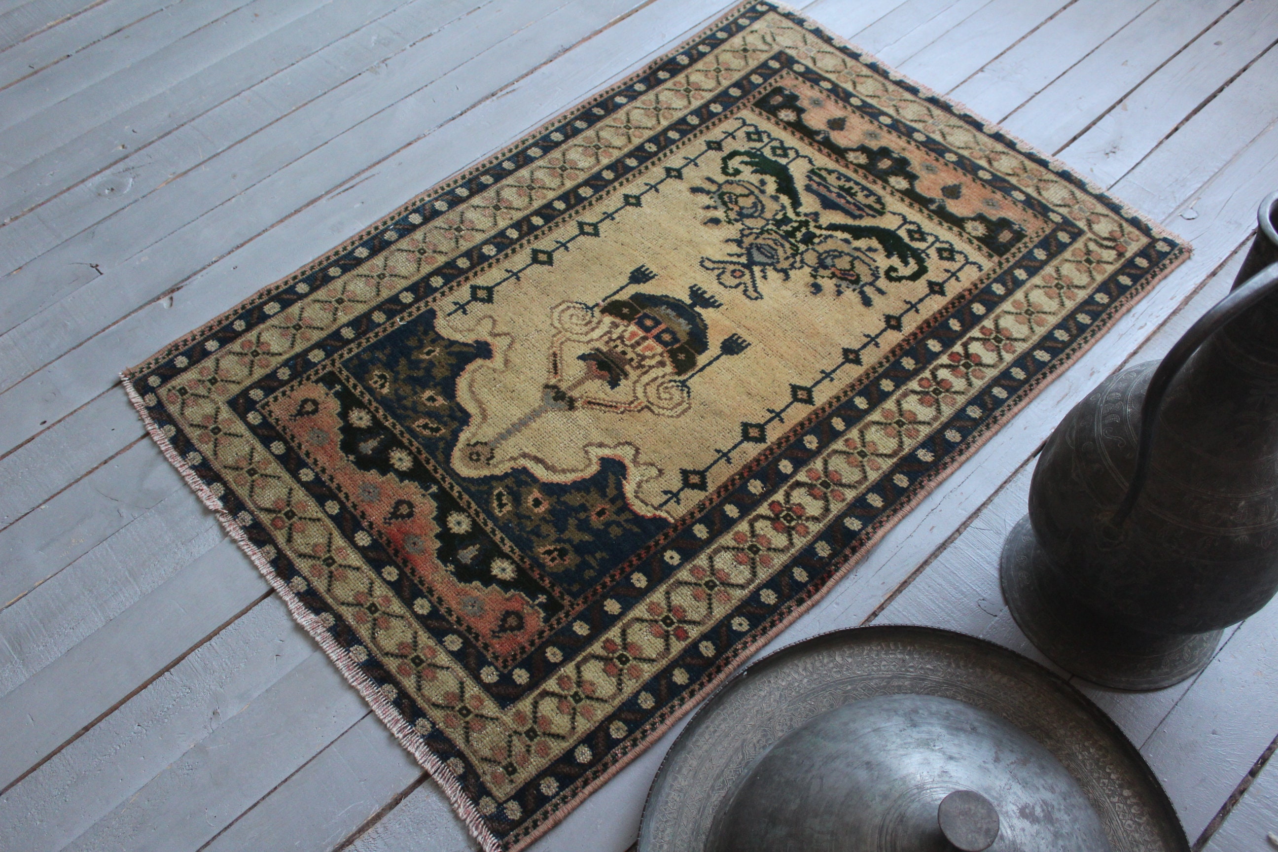 2'5x3'7 Ft Small Vintage Rug ,vintage Beigeblue Rug,vintage Oushak Rug
