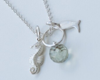 Silver chain with seahorse plus fish and green amethyst pearl