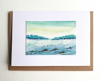 Grußkarte mit Briefumschlag - Kunstkarte – Unikat – Landschaft - Sammlerstück - Miniatur Kunst - Unikat - Grüntöne - Klappkarte
