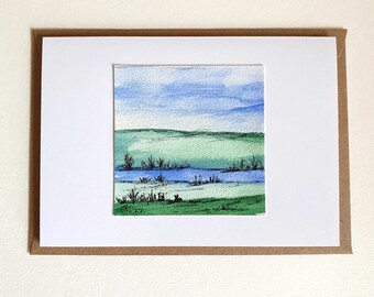 Grußkarte Landschaft mit See - Unikat No. 2 - Kunstkarte - Klappkarte - Aquarell - Aufstellbild