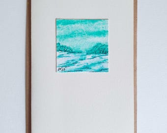 Aquarellkarten - Handgemalte – Unikat Grußkarten – Landschaft absrakt - Türkis - Sammlerstücke - Bild zum aufstellen- Miniatur Kunst