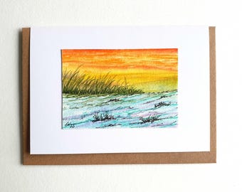 Handgemalte Aquarellkarte – Sonnenuntergang - Unikat Grußkarte - Landschaftskunst auf Klappkarte - Sammlerstück - Faltkarte - Klappkarte