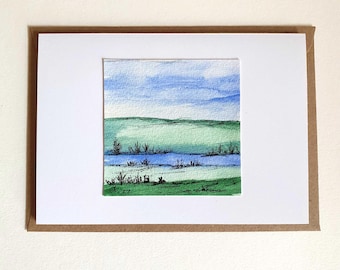 Handgemalte Grußkarte  |  Landschaft mit See  |  Kunstkarte  | Unikat  |  Sammlerstück Aquarell und Fineliner  |  Naturmotiv