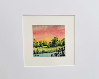 Original Mini-Aquarell - Sonnenaufgang - Unikat