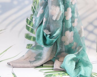 Fête des Mères Magnifique foulard femme translucide 2 couleurs beurré doux foulard soie viscose vert vieux rose fleur XX L 180 cm 70 cm de large