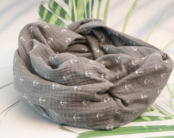 Beautiful anchor scarf muslin cotton loop summer feelings scarf 160 cm summer Mother's Day maritime anchor grey mud white