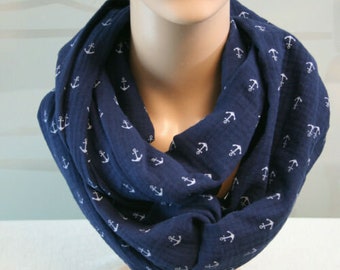 NEW Beautiful women's and men's scarf loop neckerchief 140-160 cm muslin cotton maritime anchor blue white