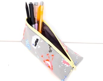 Grey pencil case with monster motif, triangular pencil case