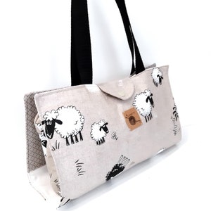 Knitting bag for on the go, travel project bag beige with sheep
