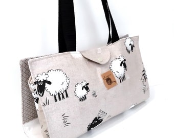 Knitting bag for on the go, travel project bag beige with sheep