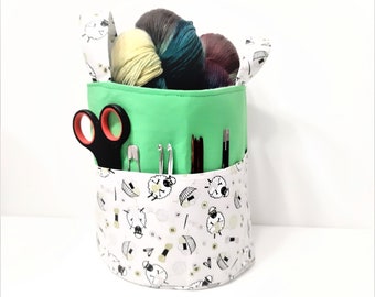 Handicraft basket with outer compartment, wool basket "knitting sheep"