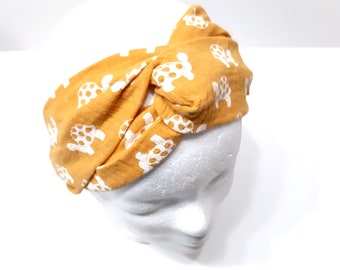 Turban Stirnband aus Musselin in senfgelb mit Schildkröten, Haarband