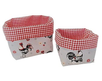 Fabric baskets in a set of 2, reversible, fabric basket with chicken motif