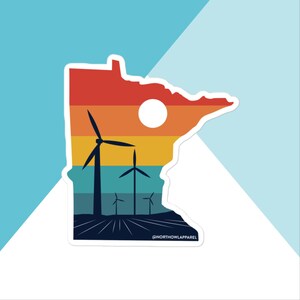 May include: A sticker featuring a retro-style sunset over the outline of the state of Minnesota with three wind turbines in the foreground. The sticker includes the text "@NORTHHOWLAPPAREL".