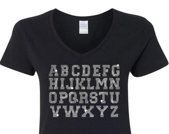Personalized Rhinestone V-Neck Shirt Custom Bling Design Handmade by BedazzledbyT in Soft Cotton in sizes S - 3XL